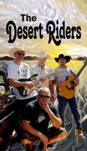 The Desert Riders band image of the 4 member of the band holding guitars with a background of setting sun. MSK Live Music Series